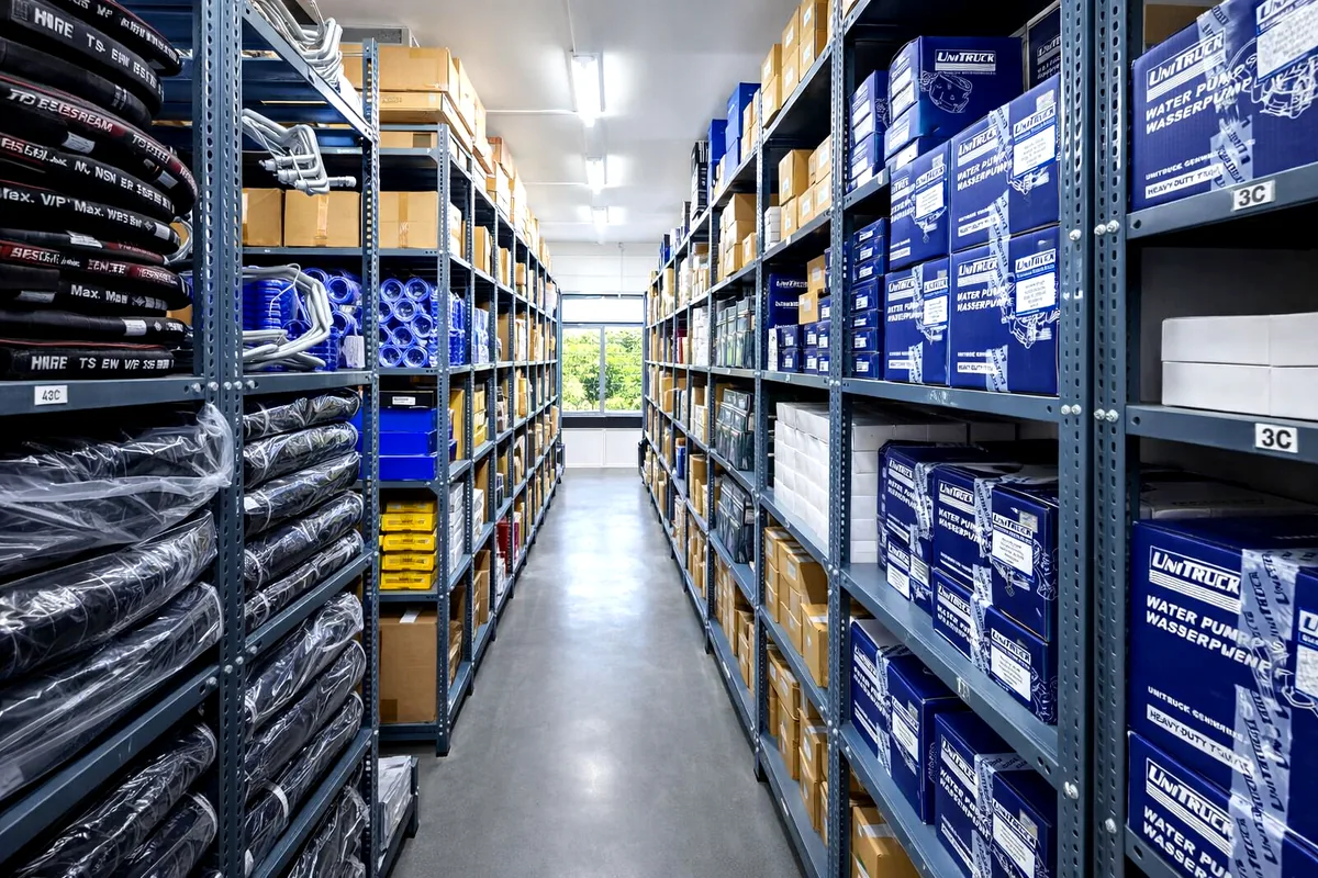 Parts Trading Company warehouse — shelves of heavy equipment spare parts, Grant Road Mumbai